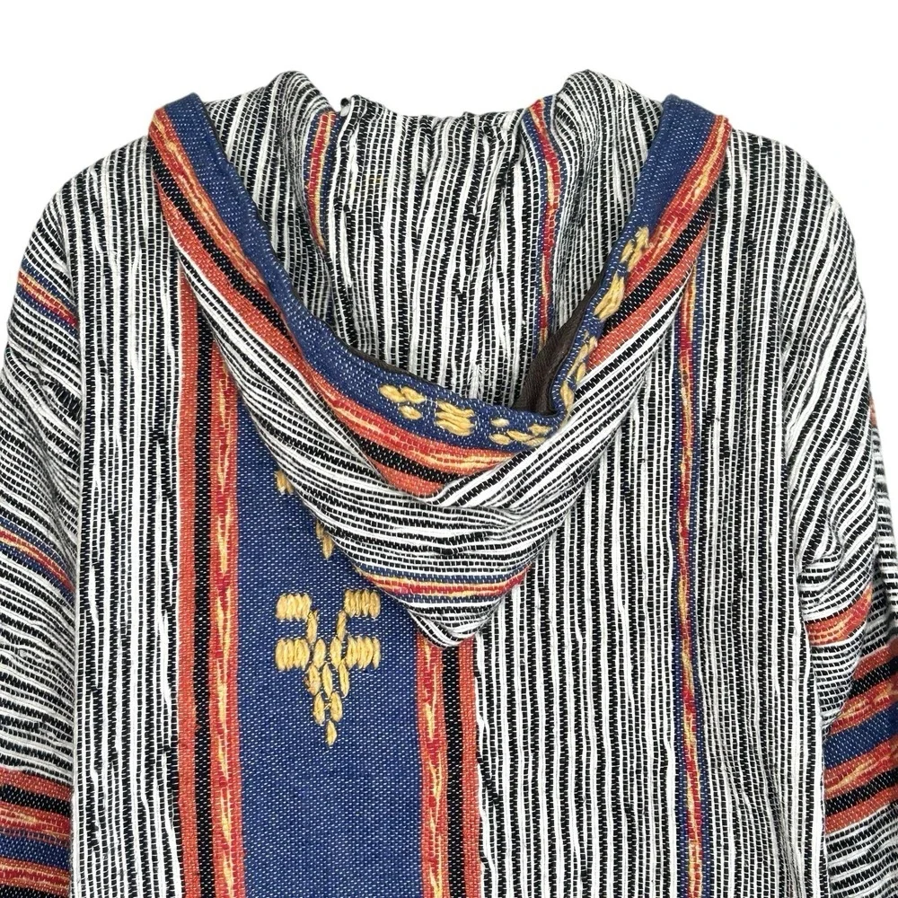 Boho Baja Hoodie Mexican Blanket Toggle Jacket Medium Indie Festival Surf Stripe